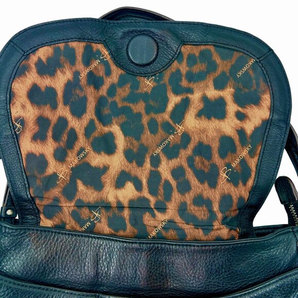 B MAKOWSKY BLACK LEATHER PURSE BAG w/ SILVER HARDWARE LEOPARD PRINT INTERIOR - Picture 7 of 10